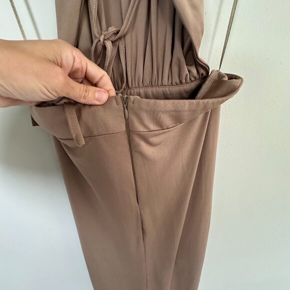 Miss Avenue Taupe Ruched Halter Dress Size Small Y2K Goddesscore Sexy Draped - Picture 7 of 11